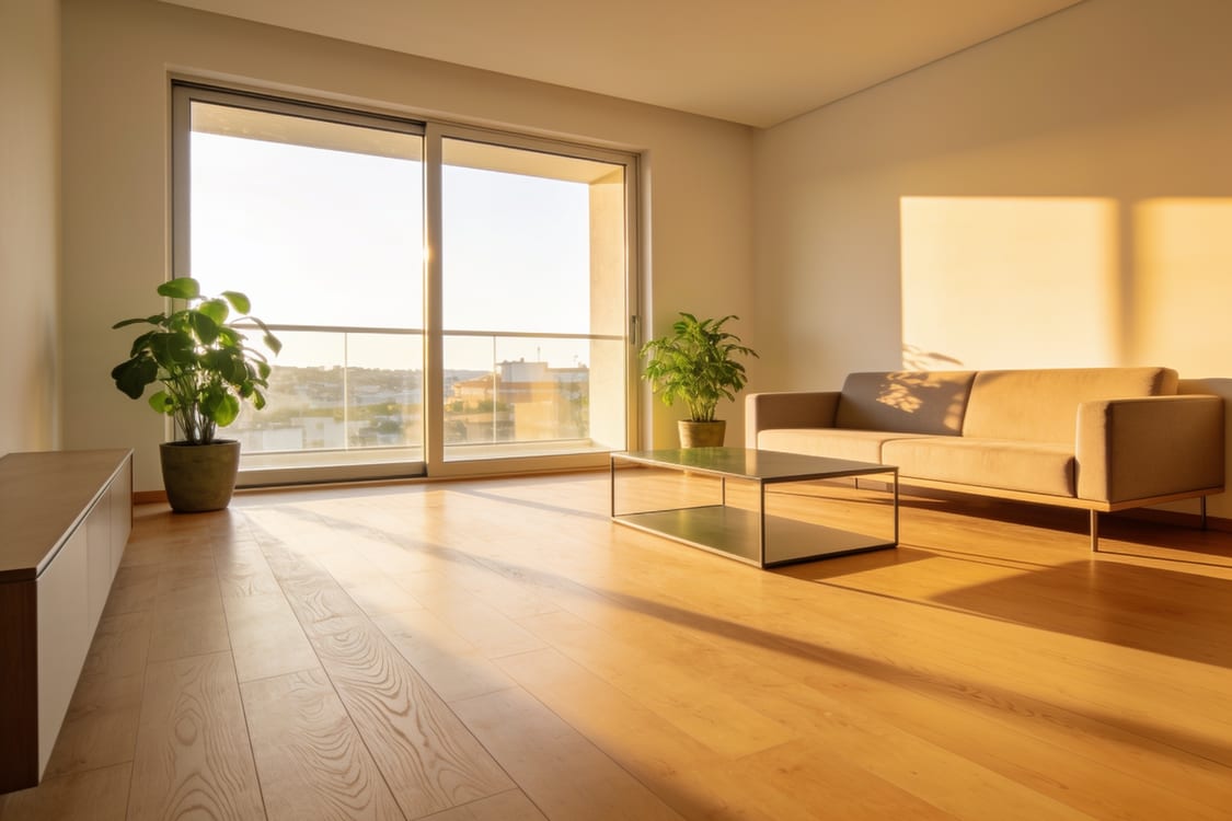 Salón luminoso de un piso reformado y listo para alquilar, con suelo de madera y grandes ventanales